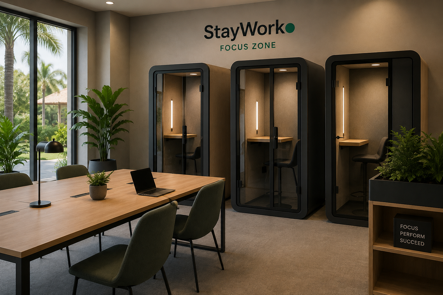 StayWork Focus Zone with acoustic call pods and team desks