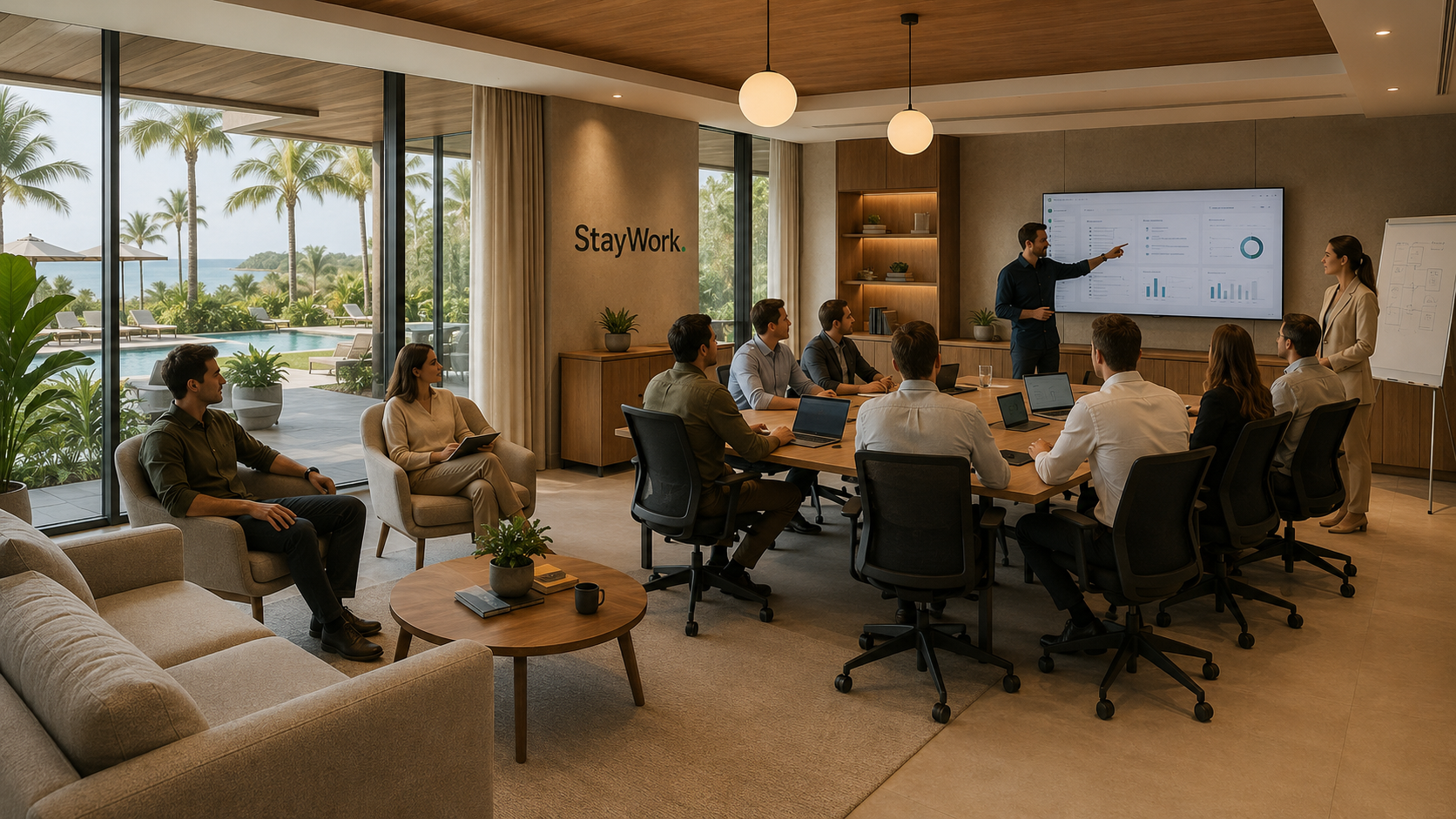 A distributed team working together in a StayWork team space overlooking the sea