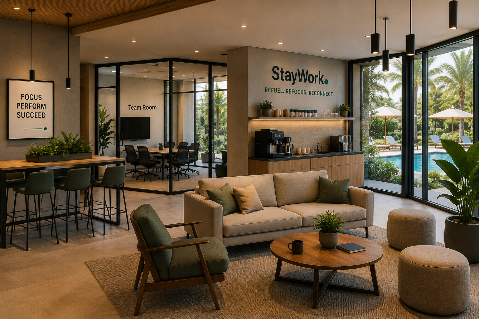 Breakout lounge with coffee bar and informal meeting seating